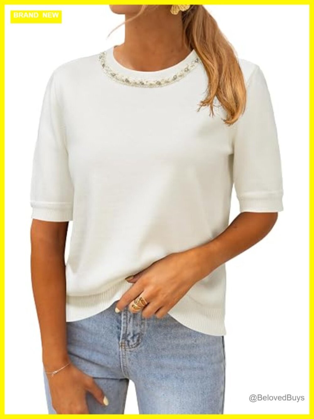 Premium Wool Blend Crew Neck Pullover Sweater Beaded Trim